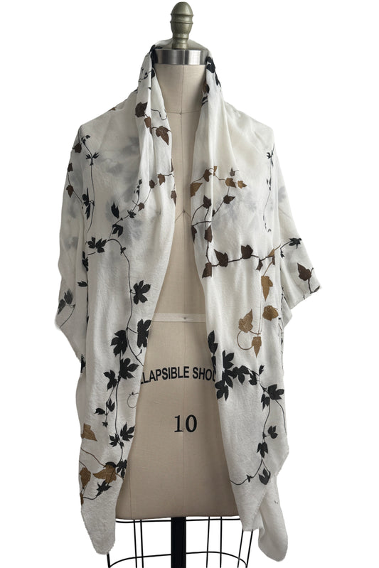 Square Scarf | Silk & Wool Blend | Hops Vine Print | Black, Gold & White