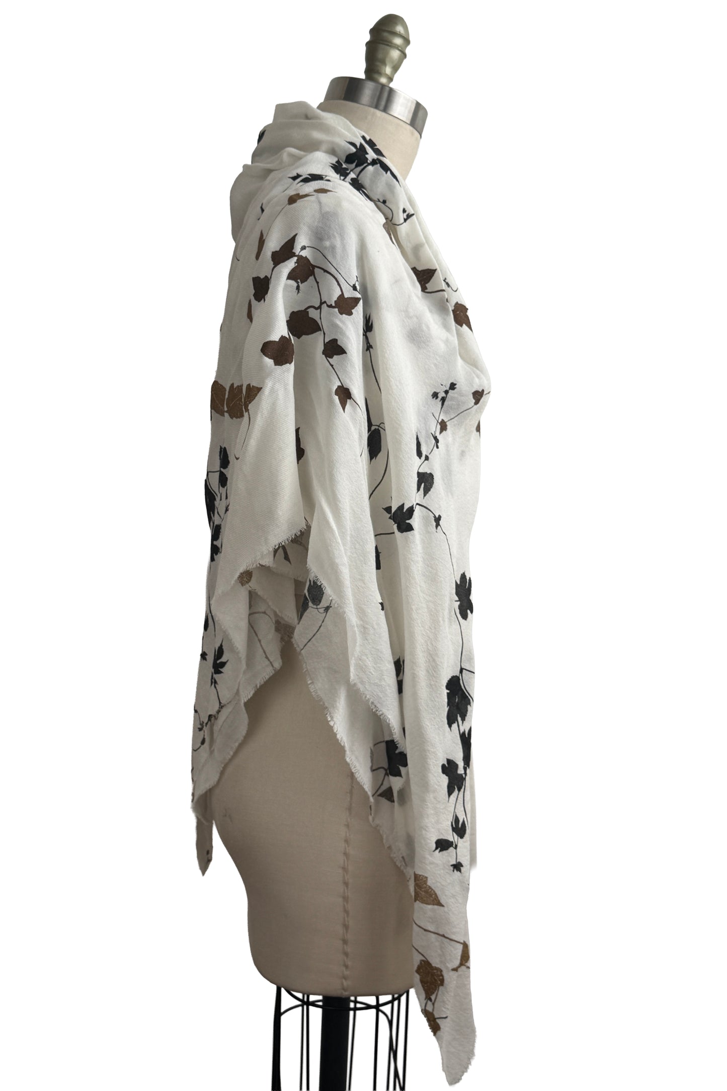 Square Scarf | Silk & Wool Blend | Hops Vine Print | Black, Gold & White