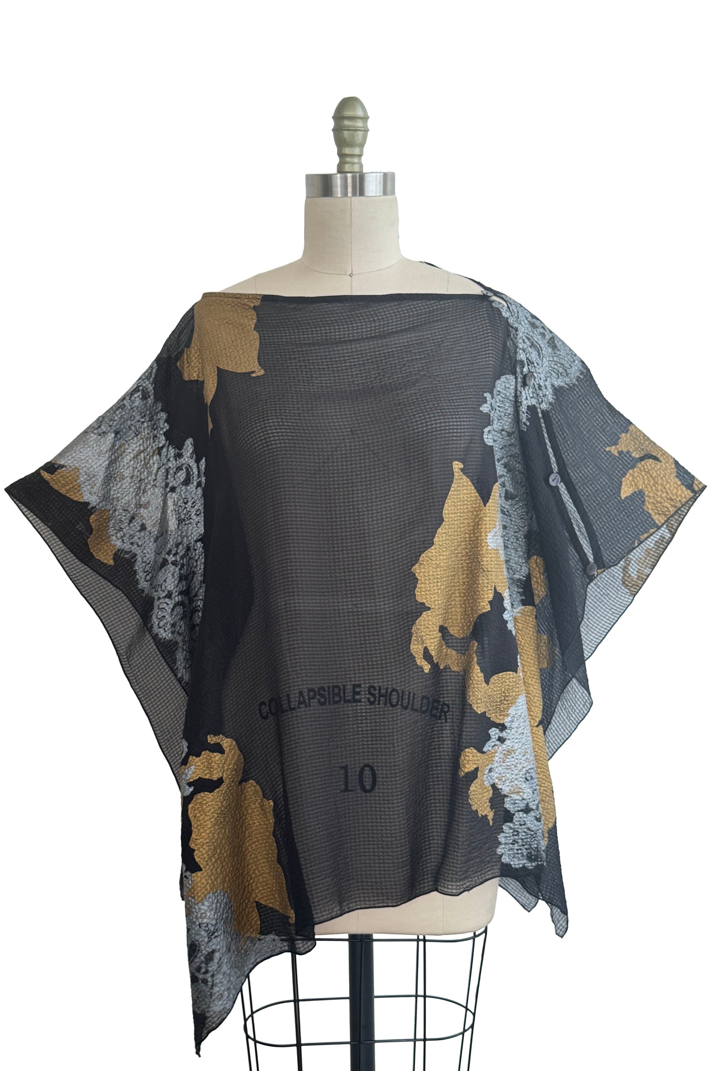 Button Drape | Seersucker Silk | Azalea & Wallpaper Print | Black, Gold & Silver