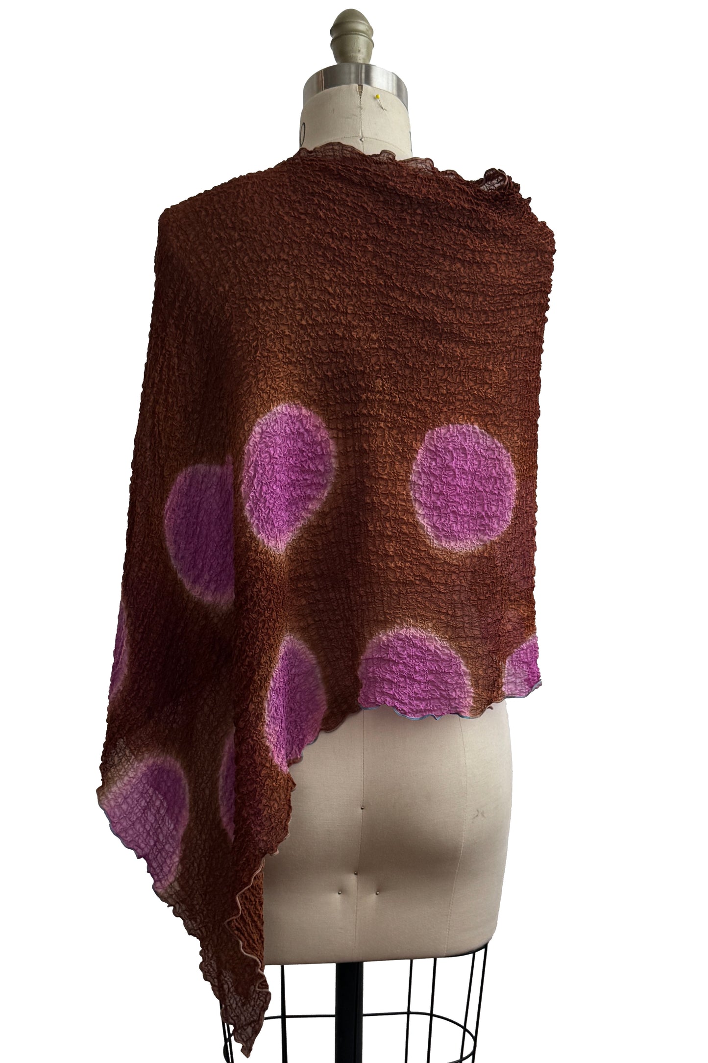 Asymmetrical Layover Poncho | Waffle Textured Silk | Itajime Dyed | Brown, Pink & Lilac