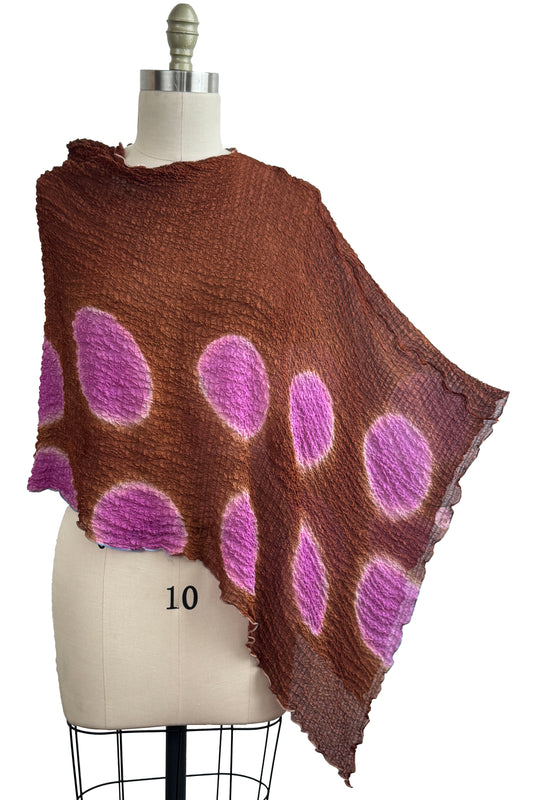 Asymmetrical Layover Poncho | Waffle Textured Silk | Itajime Dyed | Brown, Pink & Lilac