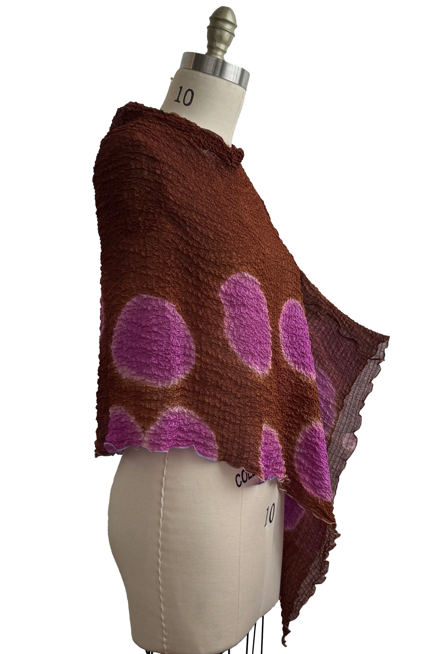Asymmetrical Layover Poncho | Waffle Textured Silk | Itajime Dyed | Brown, Pink & Lilac
