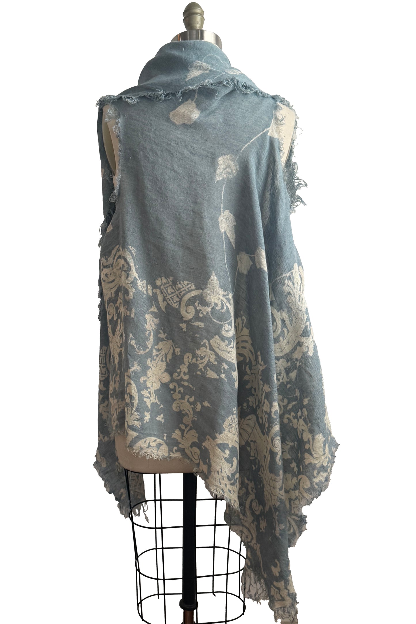 Asymmetrical Wrap Vest | Open Weave Linen | Wallpaper & Vines Print | Light Blue & Natural