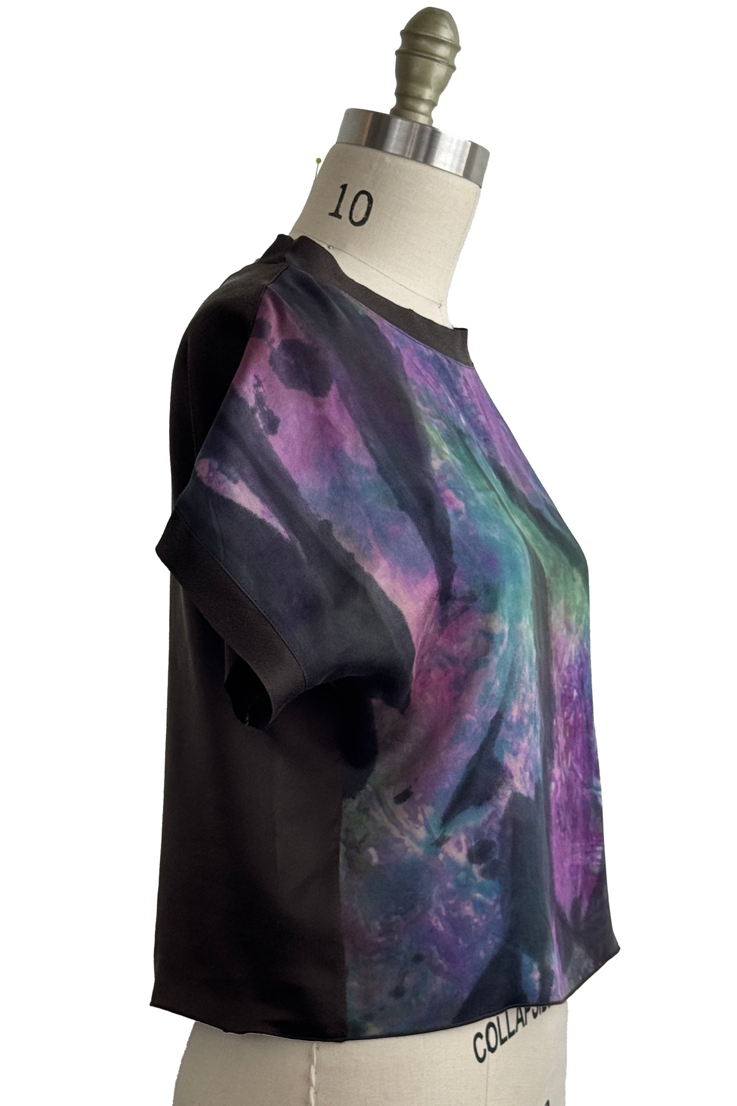 Jen Top | Silk Charmeuse | Painted & Spray Dye | Purple, Green & Black | Small