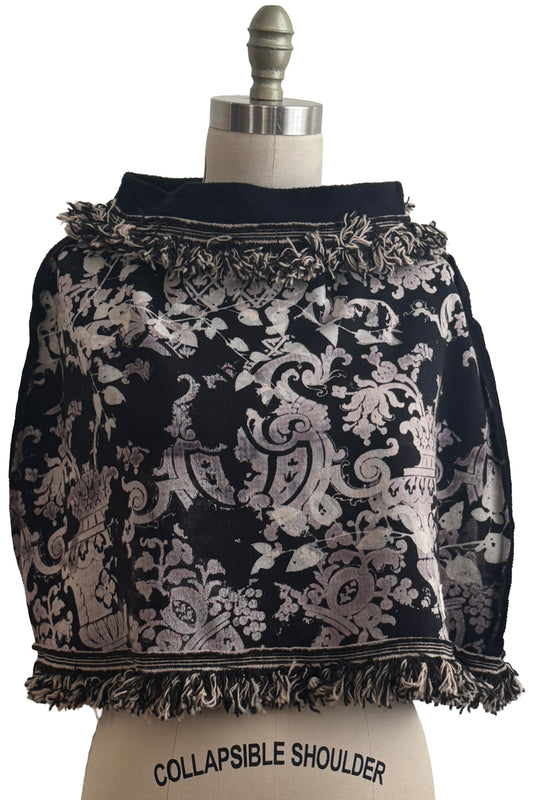 KB Studio Fringe Shrug | Organic Cotton French Terry | Wallpaper Print | Black & Natural