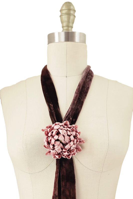 Adriana Handcrafted Silk Bolo Tie Necklace made from fabric remnants with sculpted floral detail.