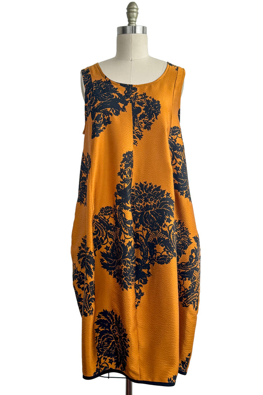 Plum Dress | Hammered Silk | Jacquard Floral Print | Black & Orange | One Size
