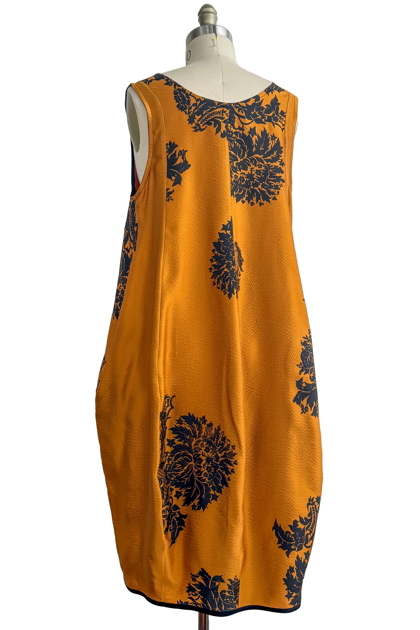 Plum Dress | Hammered Silk | Jacquard Floral Print | Black & Orange | One Size