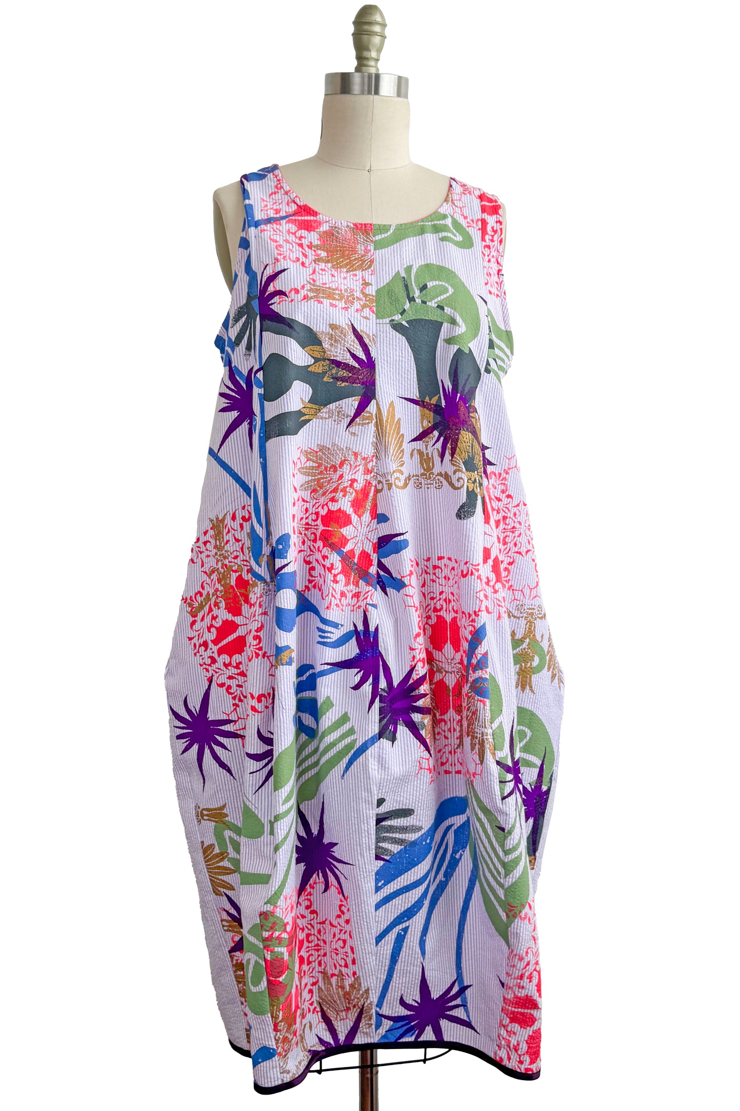 Plum Dress | Seerucker Cotton | Chaos Print | Purple, Coral, Green, Blue & Gold | Medium