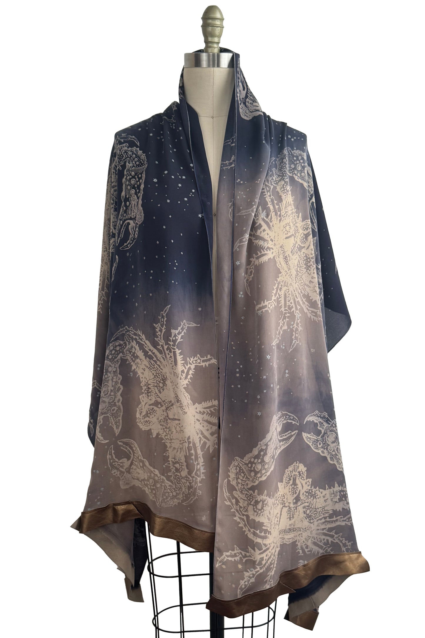 Shawl w/ Leather Trim | Silk Georgette | Crab Print | Midnight Blue & Mushroom Grey