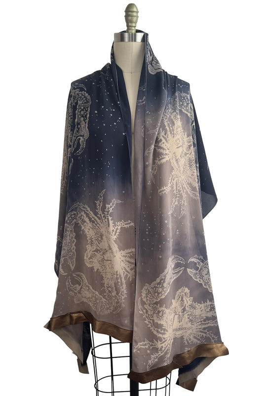 Shawl w/ Leather Trim | Silk Georgette | Crab Print | Midnight Blue & Mushroom Grey