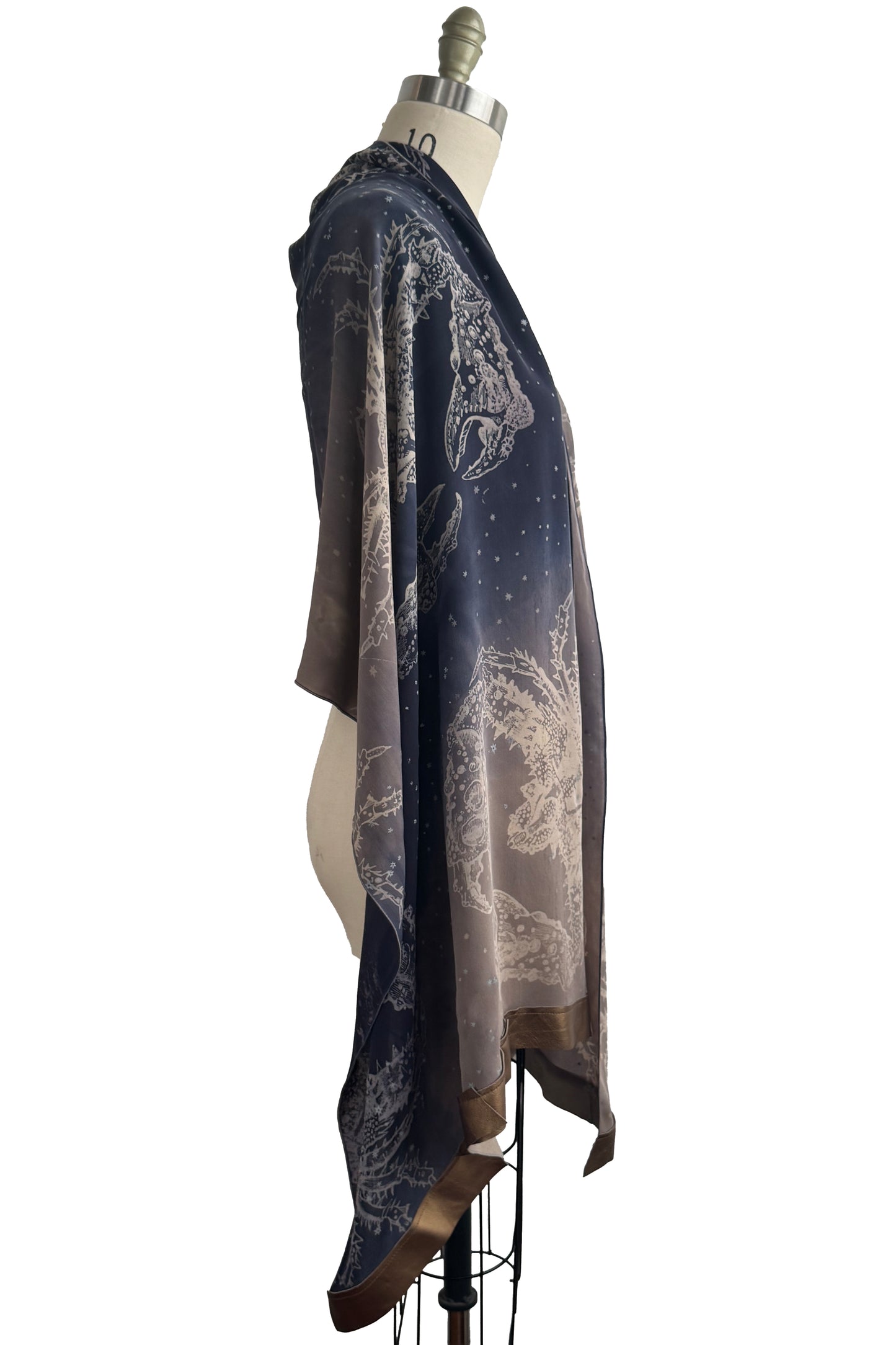 Shawl w/ Leather Trim | Silk Georgette | Crab Print | Midnight Blue & Mushroom Grey