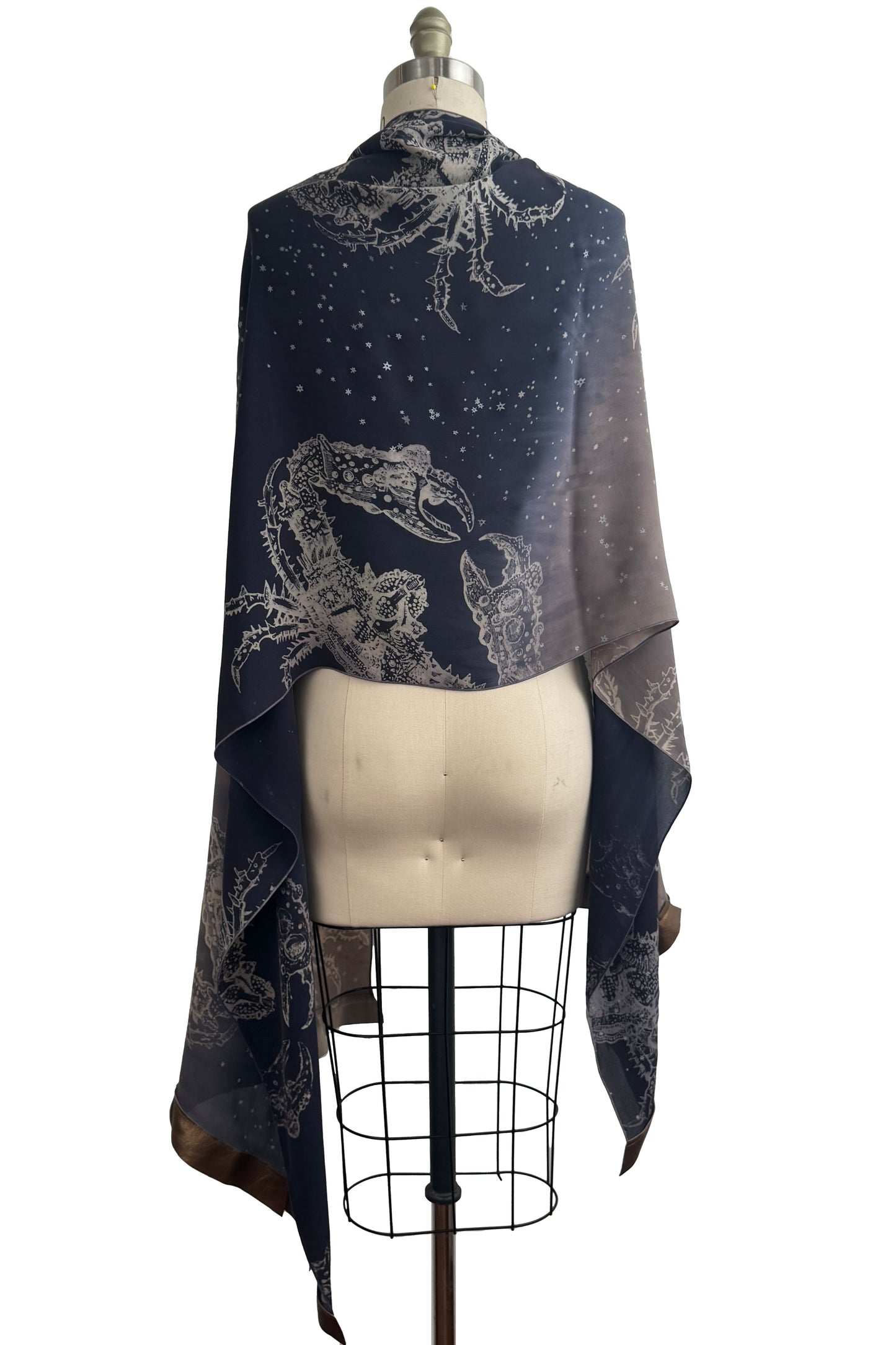 Shawl w/ Leather Trim | Silk Georgette | Crab Print | Midnight Blue & Mushroom Grey