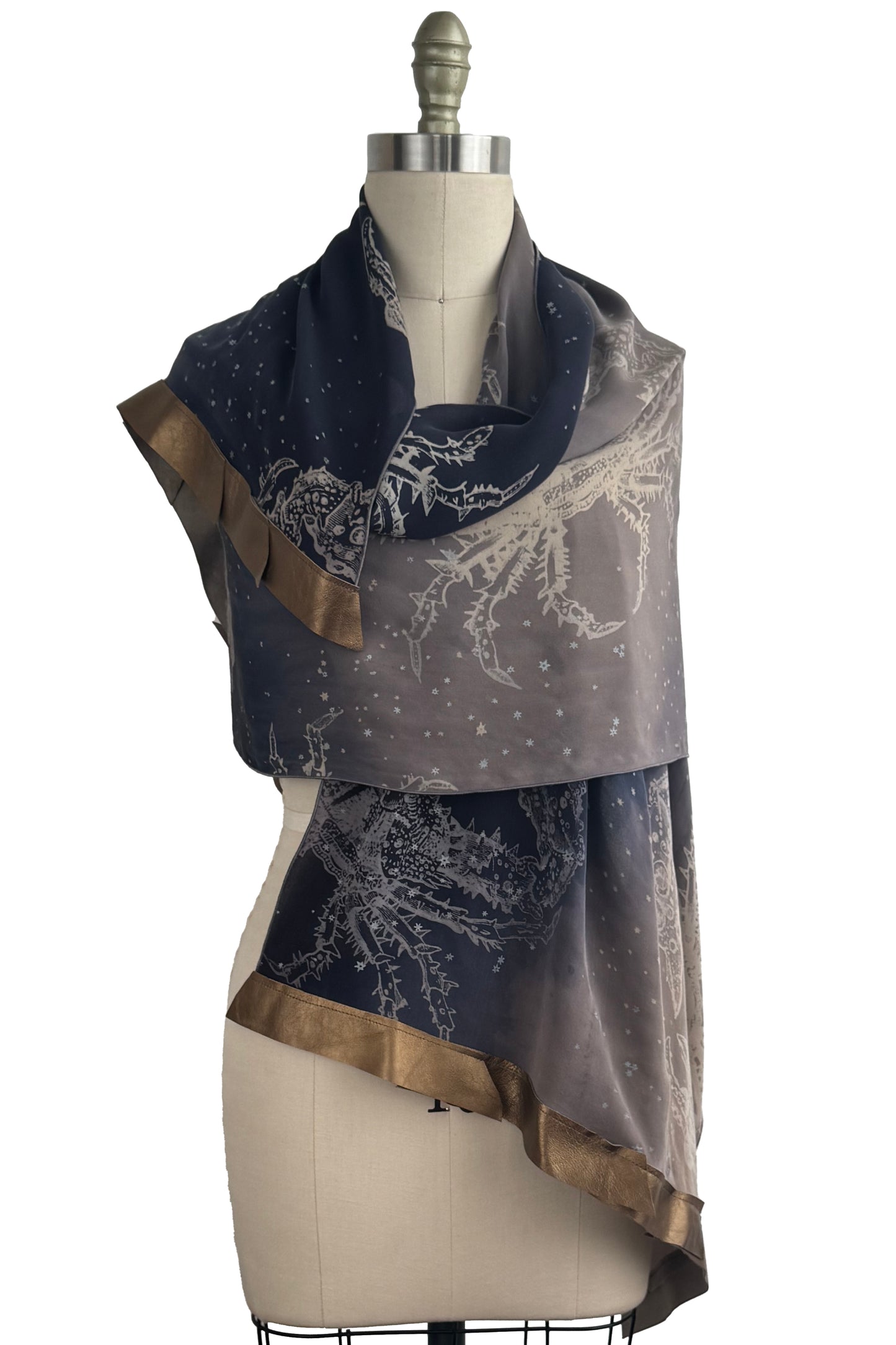 Shawl w/ Leather Trim | Silk Georgette | Crab Print | Midnight Blue & Mushroom Grey
