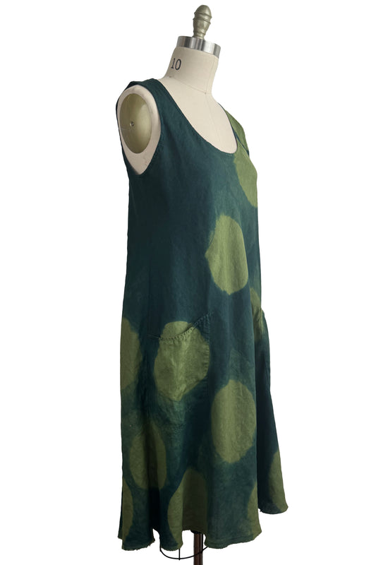 Emilia Dress | Linen | Itajimie Dye | Circles | Lime Green & Teal | Large