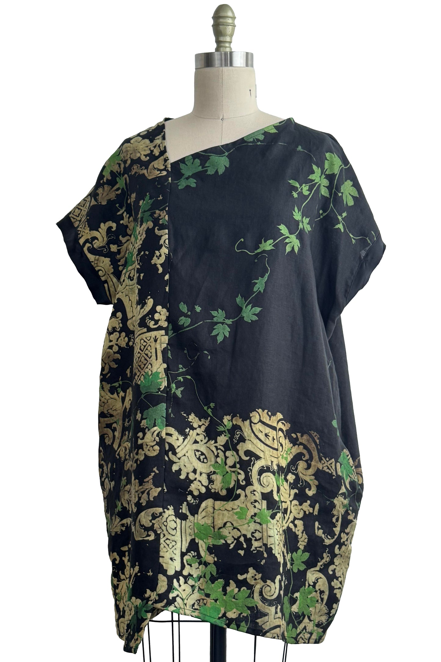 Petra Tunic | Linen | Vine & Wallpaper Print | Black, Natural & Green | Medium