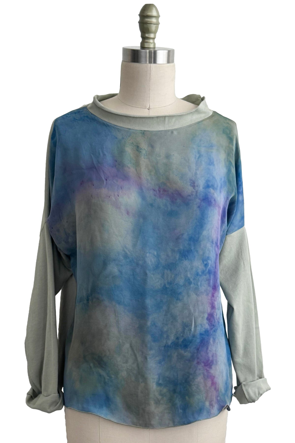 Portia Top | Silk Charmeuse & Organic Cotton Jersey | Painted Dye | Sage & Blue