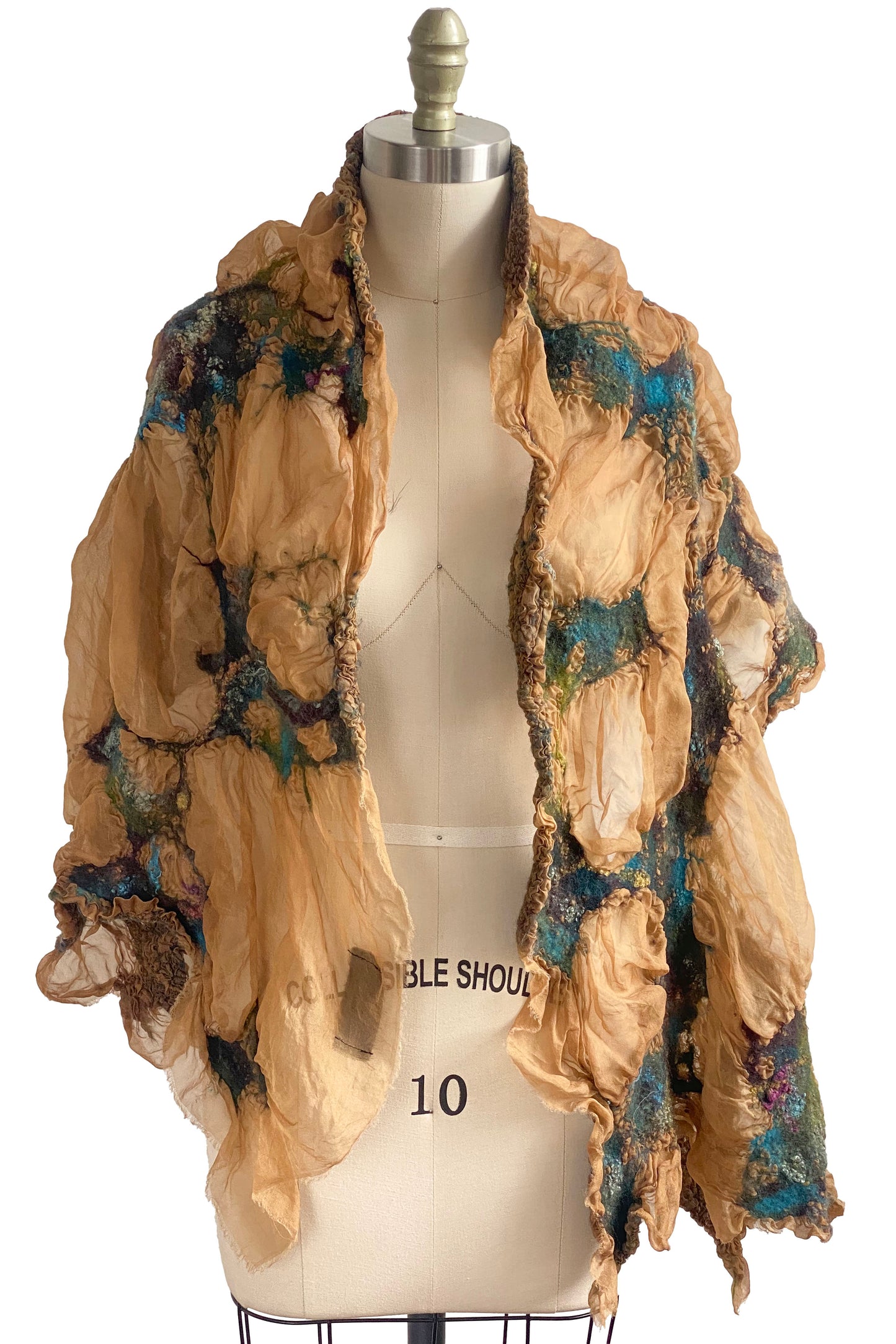 Felted Shawl | Silk Organza | Tan, Aqua, Purple & Chartreuse