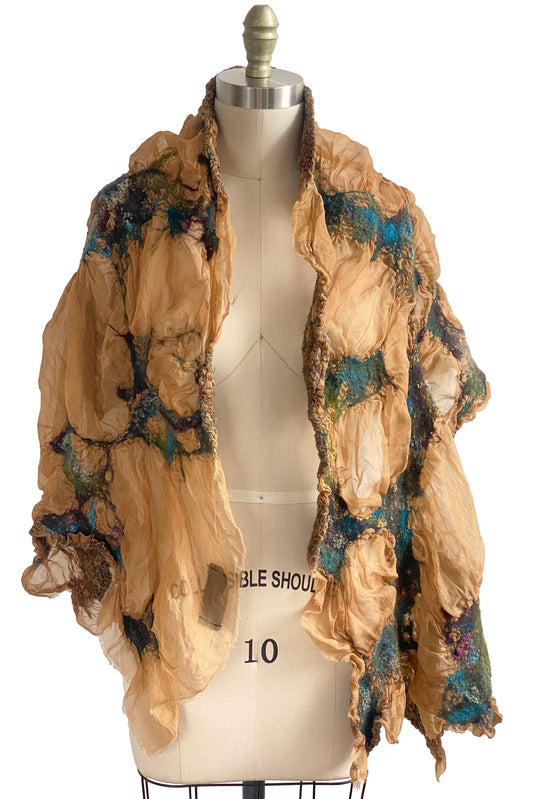 Felted Shawl | Silk Organza | Tan, Aqua, Purple & Chartreuse