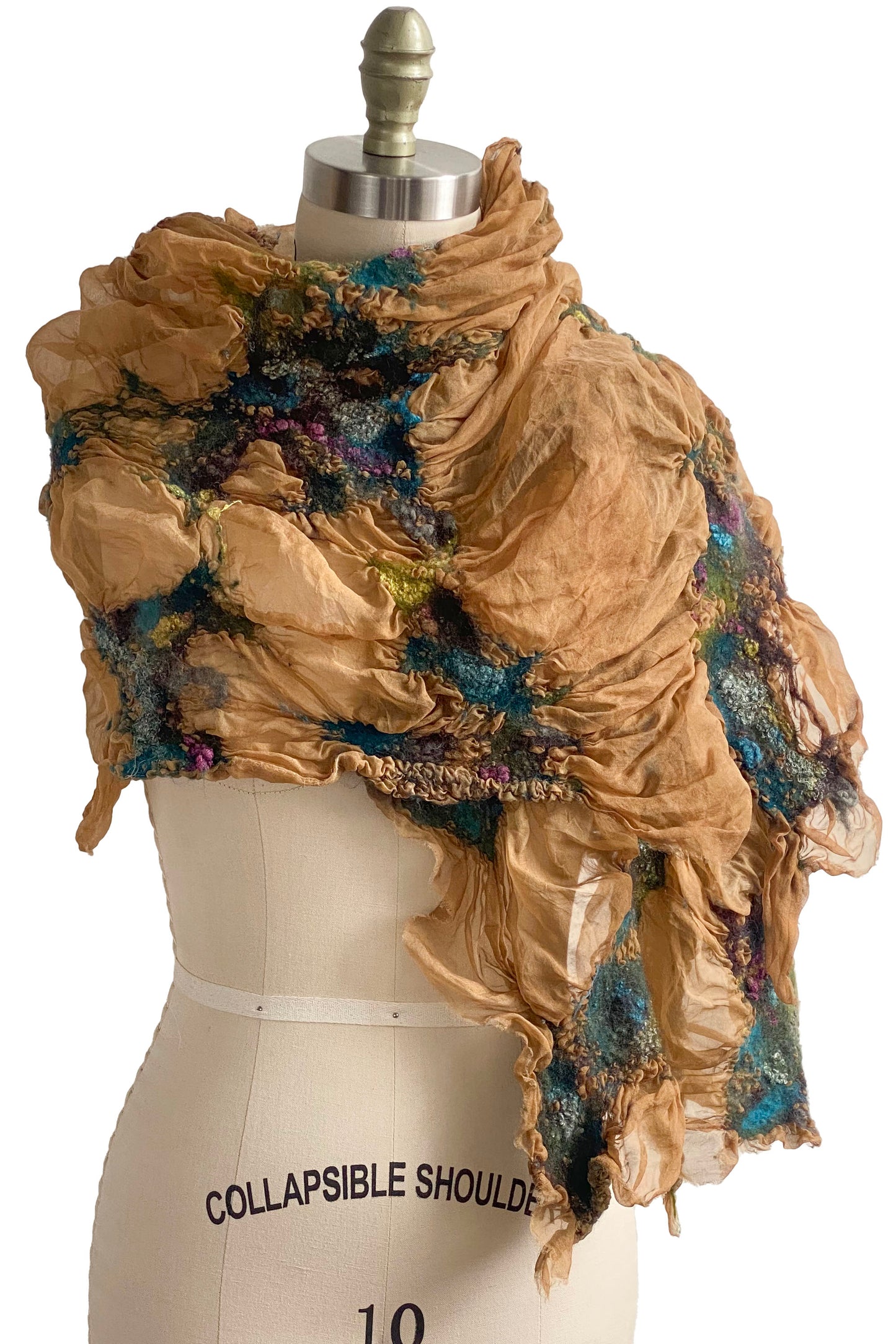 Felted Shawl | Silk Organza | Tan, Aqua, Purple & Chartreuse