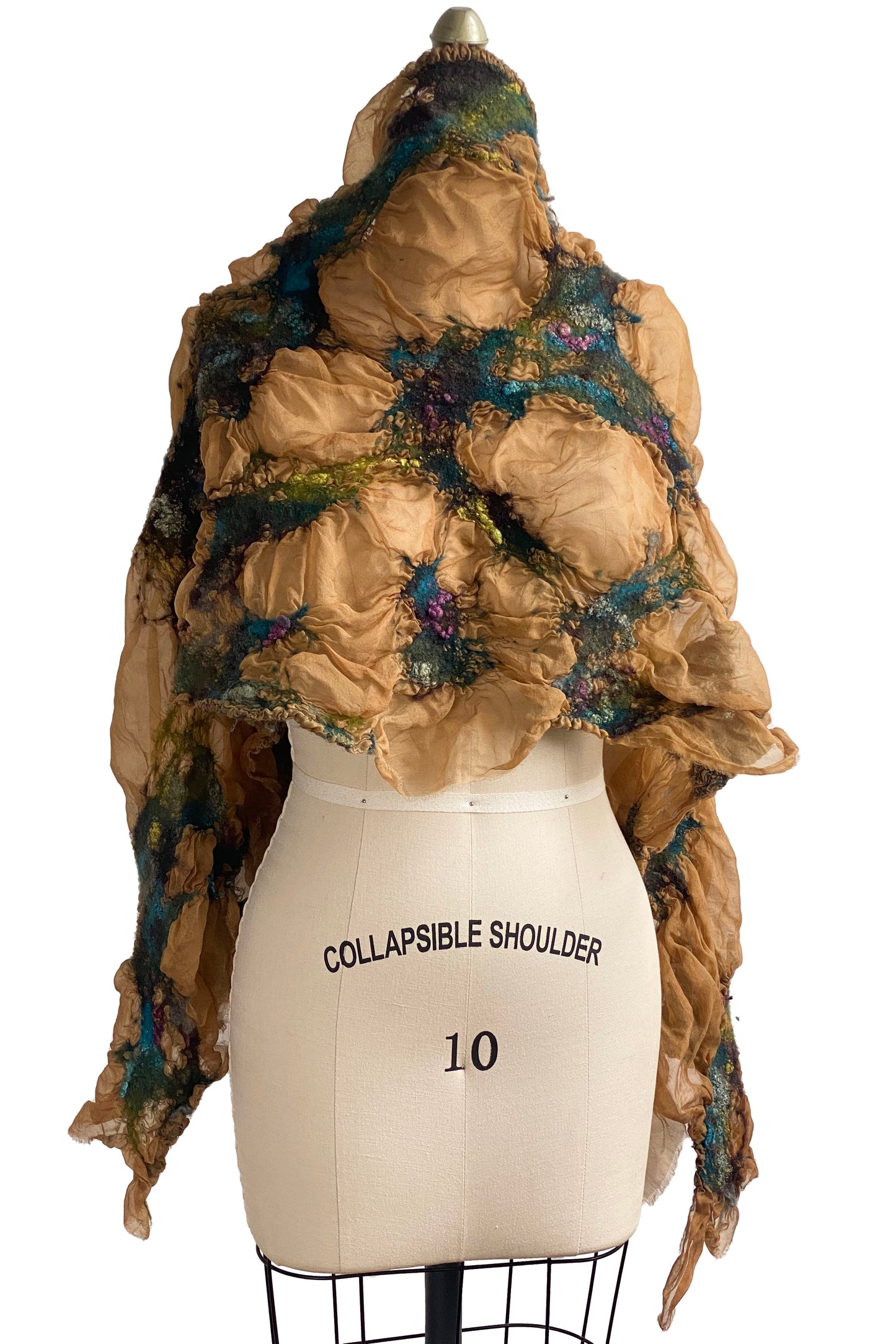 Felted Shawl | Silk Organza | Tan, Aqua, Purple & Chartreuse