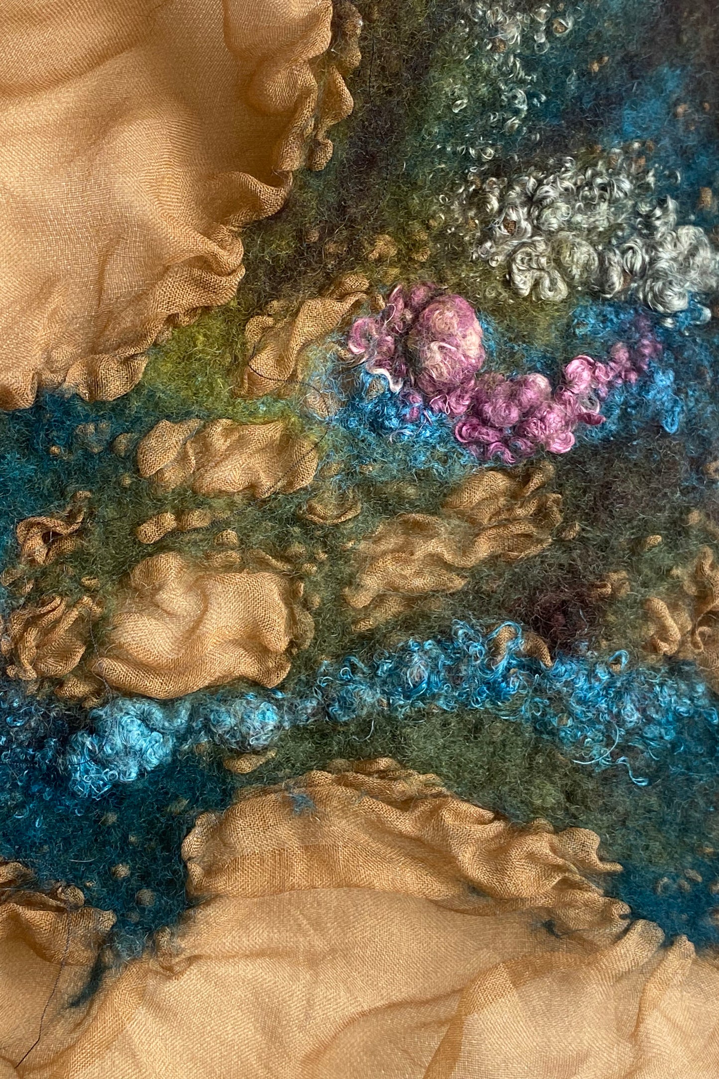 Felted Shawl | Silk Organza | Tan, Aqua, Purple & Chartreuse