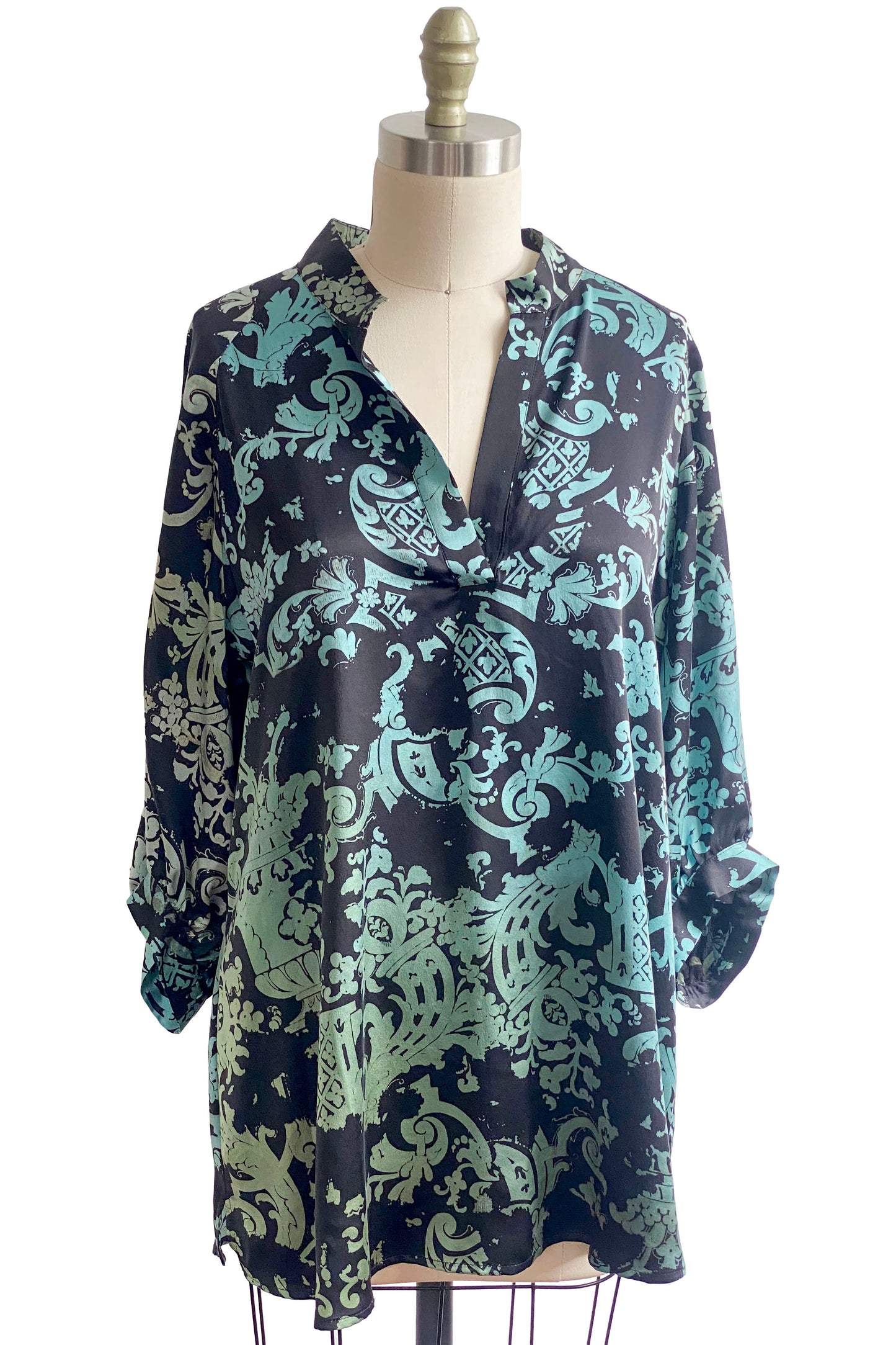 Poet Top | Silk Charmeuse | Wallpaper Print | Black & Turquoise | Medium