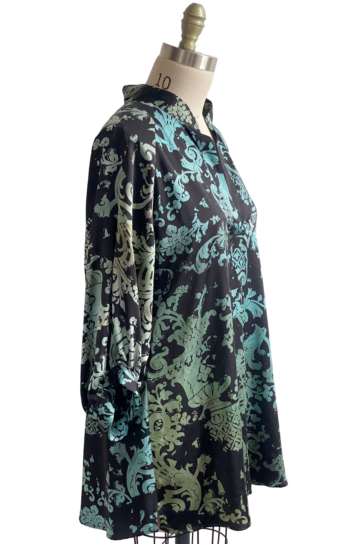 Poet Top | Silk Charmeuse | Wallpaper Print | Black & Turquoise | Medium