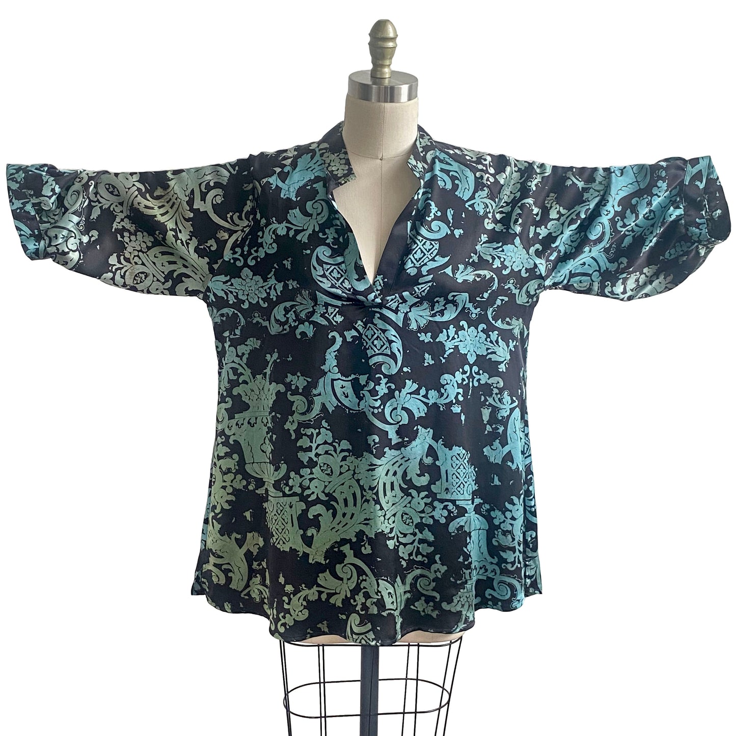 Poet Top | Silk Charmeuse | Wallpaper Print | Black & Turquoise | Medium