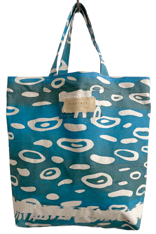 Hand Dyed & Printed Canvas Tote - Circle Print Turquoise & Green