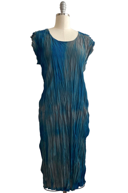 Crinkle Tea Dress | Silk Crepe de Chine | Twist Dyed | Blue & Olive | Medium