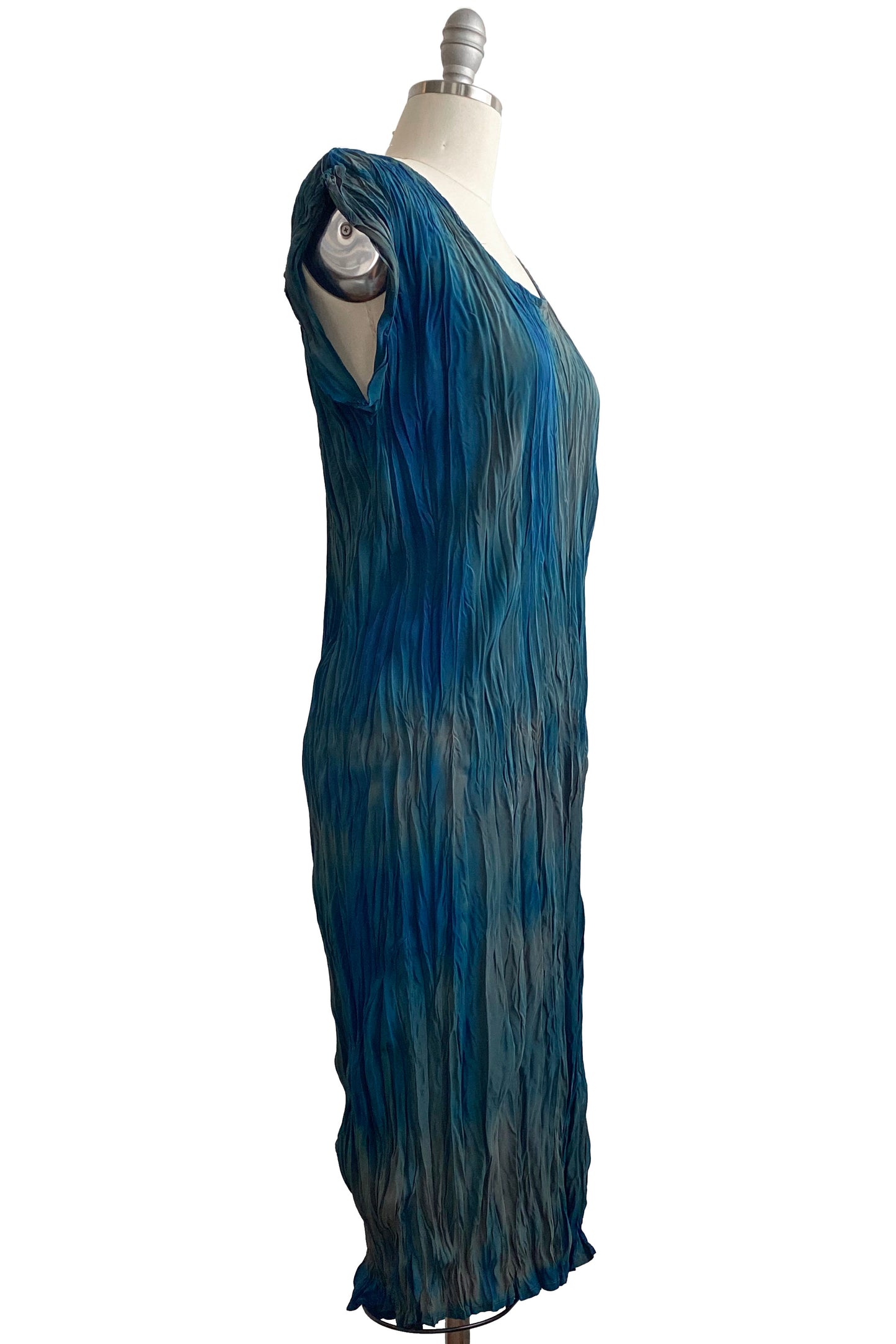 Crinkle Tea Dress | Silk Crepe de Chine | Twist Dyed | Blue & Olive | Medium