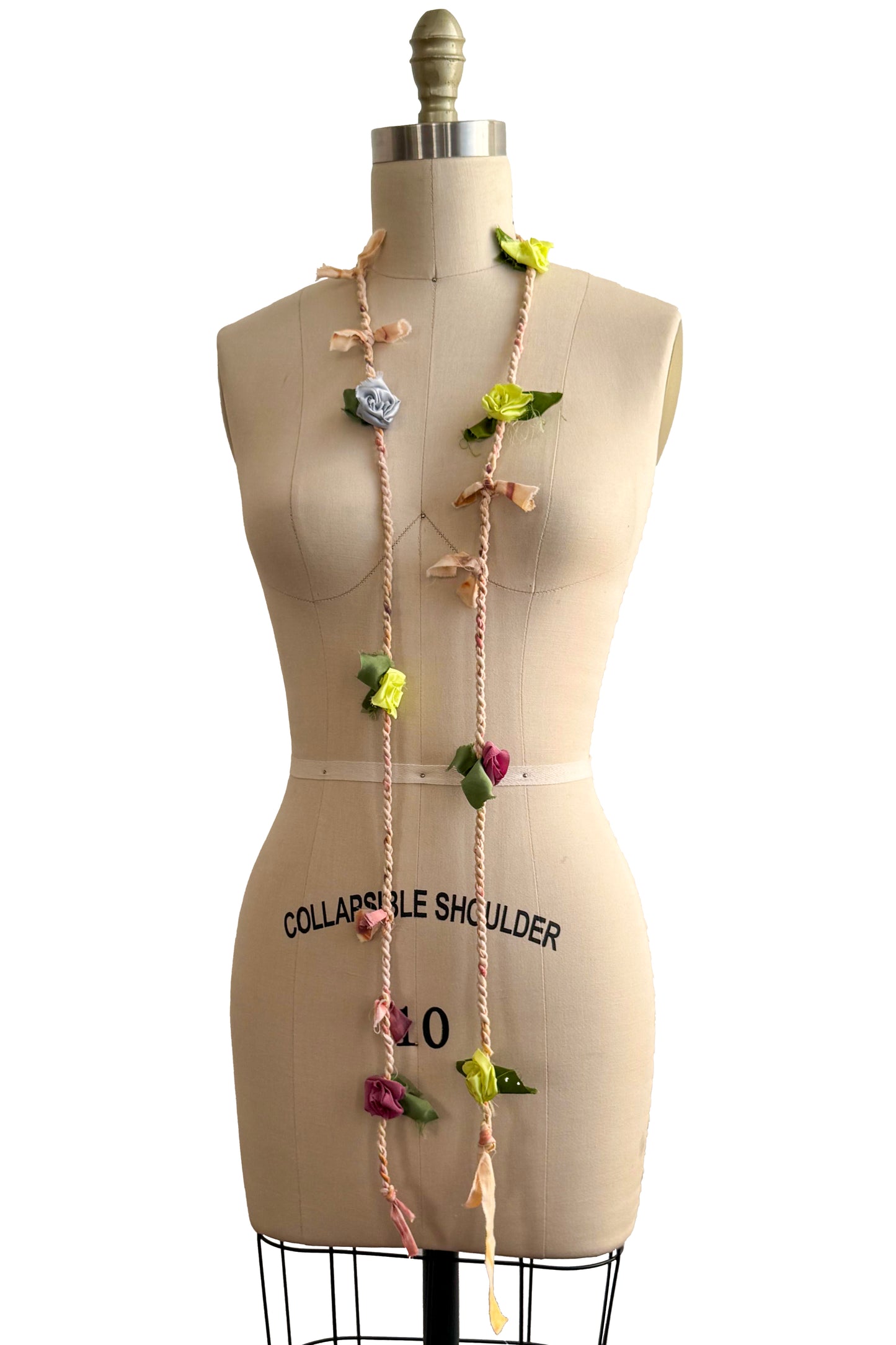 Hand Twisted Rope Flower Lariat | Reclaimed Silk | Green, Peach, Pink, Purple