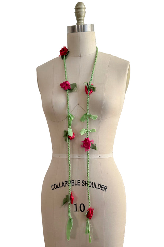 Hand Twisted Rope Flower Lariat | Reclaimed Silk | Green, Pink & Red