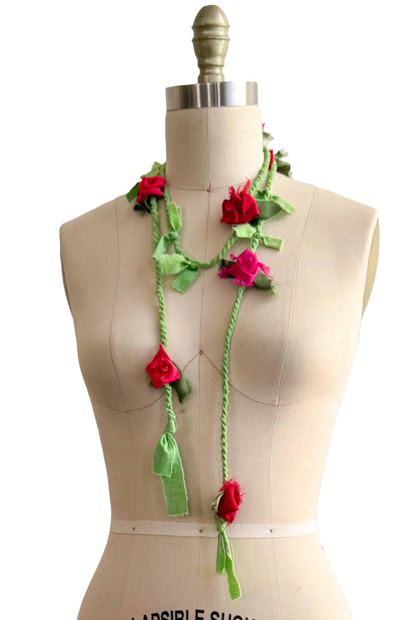 Hand Twisted Rope Flower Lariat | Reclaimed Silk | Green, Pink & Red