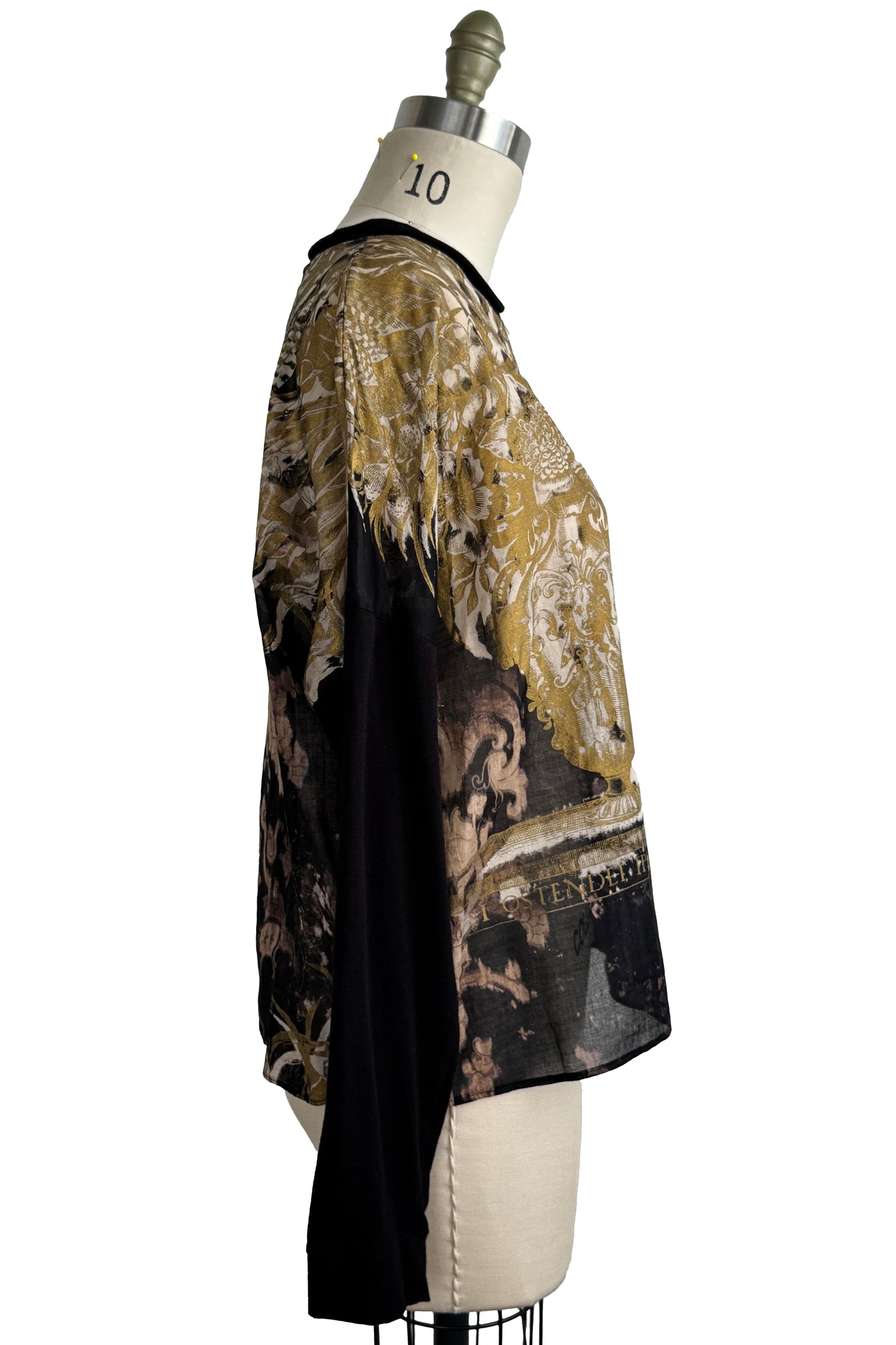 Portia Top | Silk Shantung  & Organic Cotton Jersey | Bouquet Print | Black & Gold | Medium