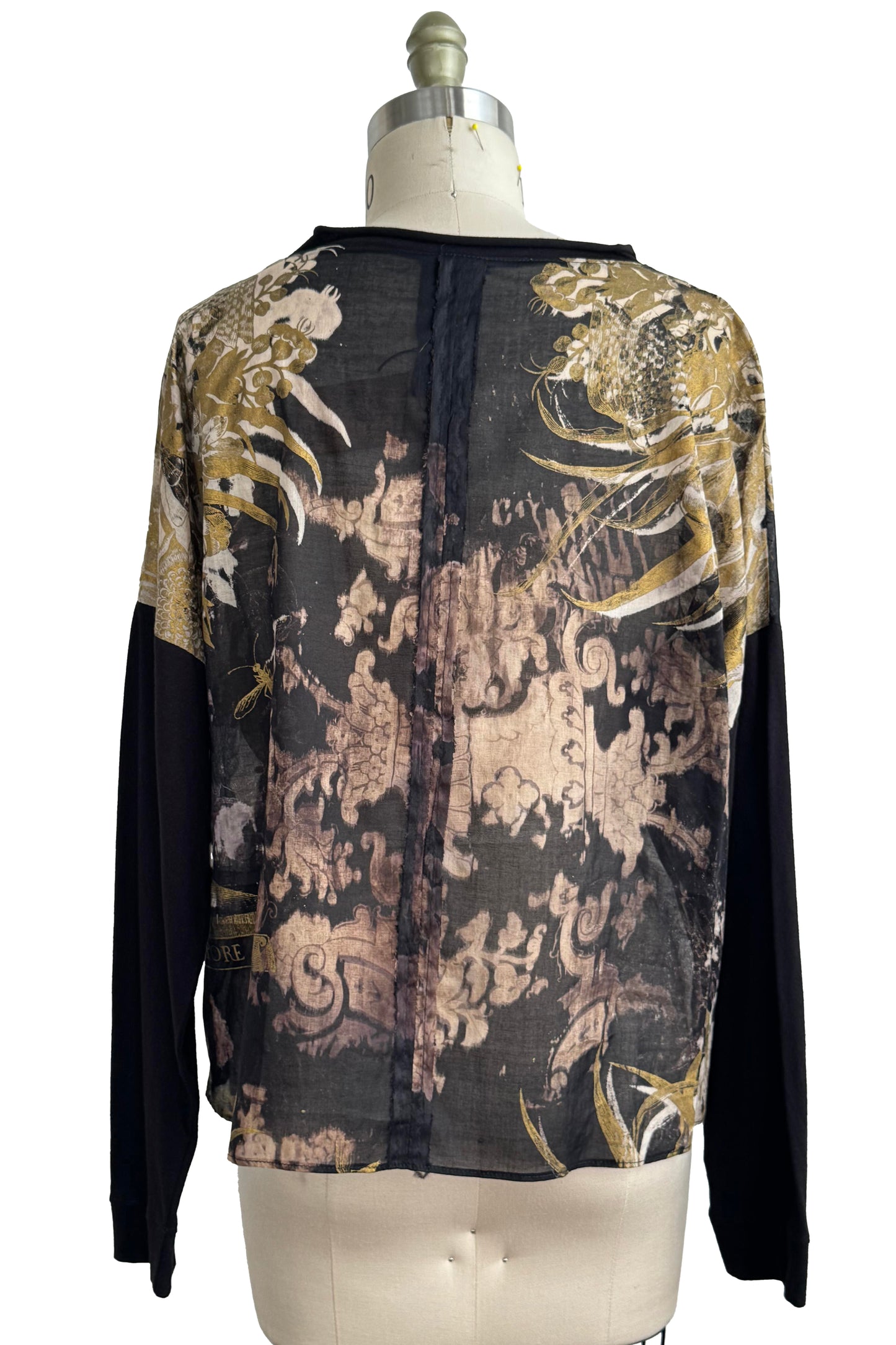 Portia Top | Silk Shantung  & Organic Cotton Jersey | Bouquet Print | Black & Gold | Medium