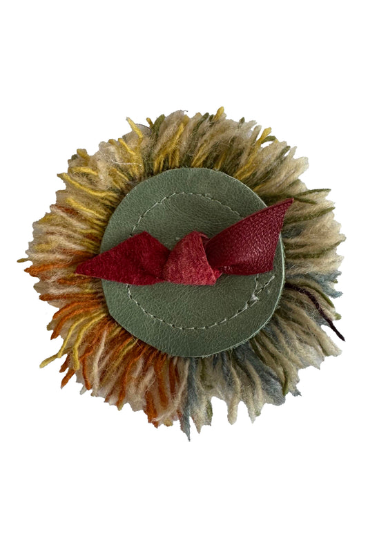 Magnetic Floral Brooch | Fringe | Leather & Wool |  Green, Gold & Red