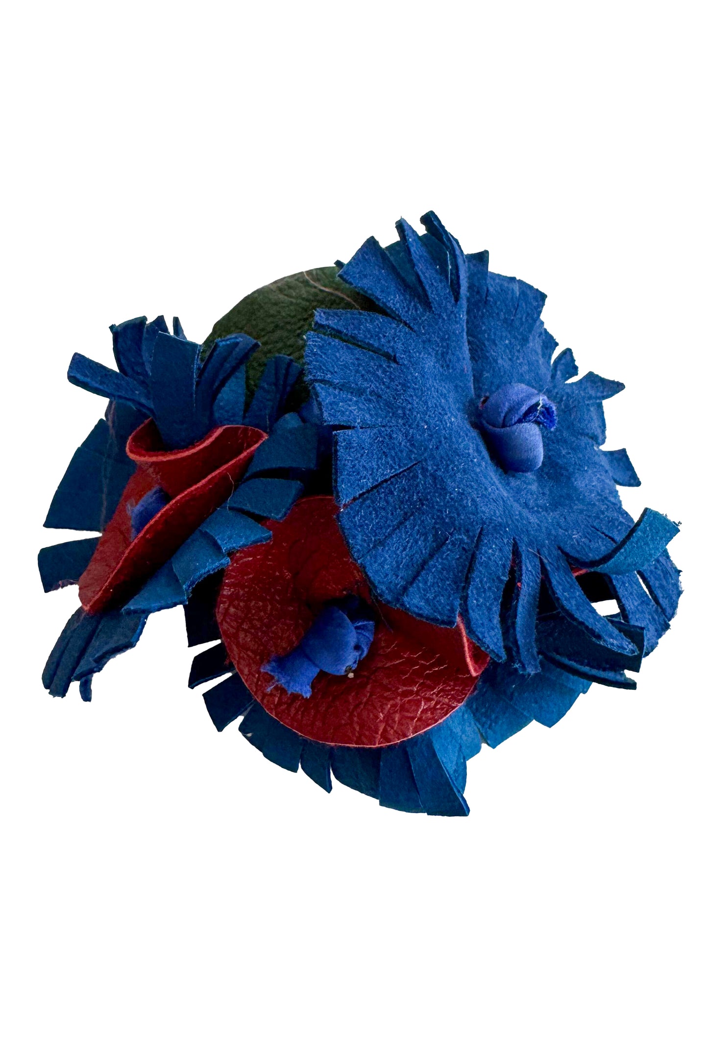 Magnetic Floral Brooch | Fringe | Leather & Wool | Blue & Red