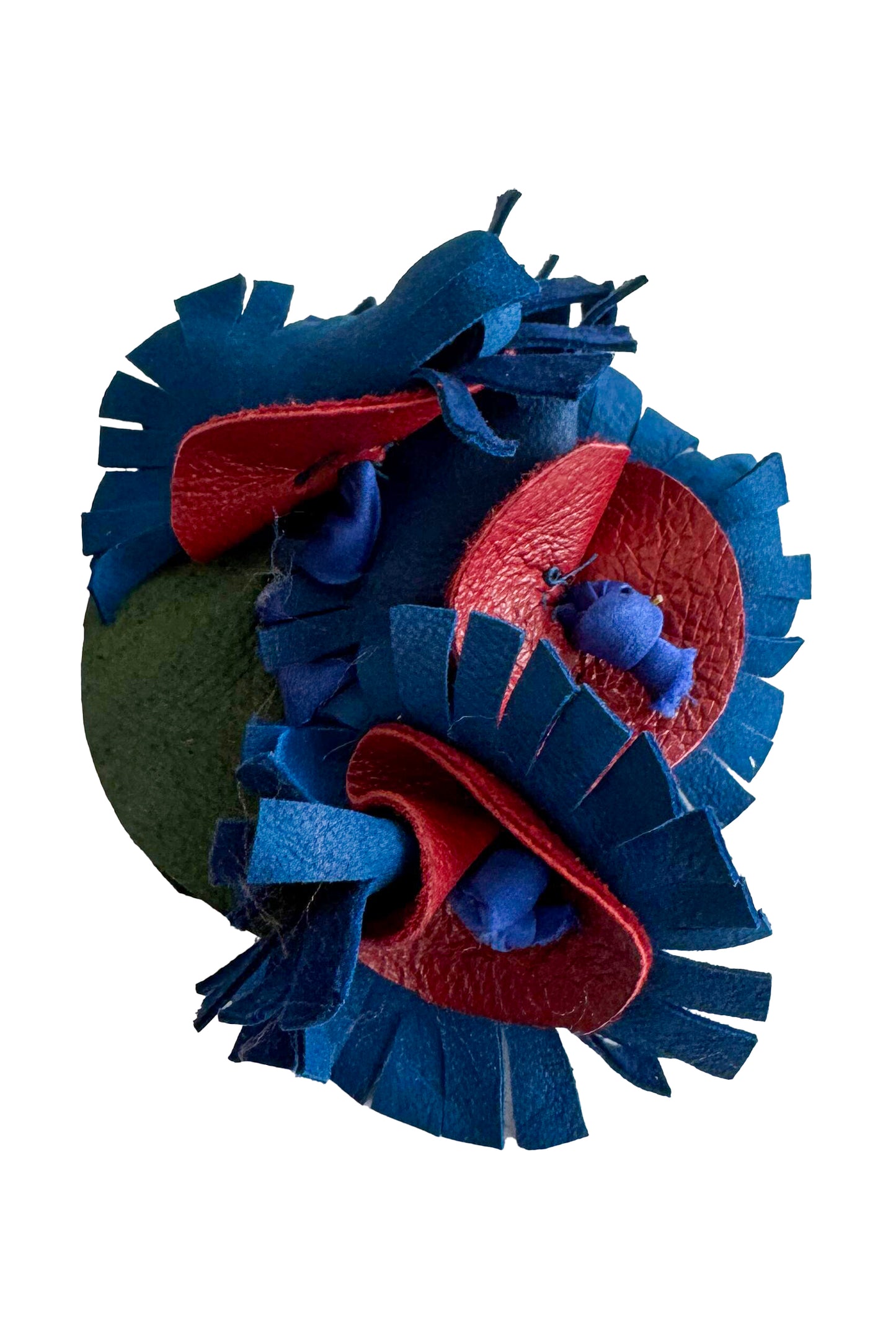 Magnetic Floral Brooch | Fringe | Leather & Wool | Blue & Red