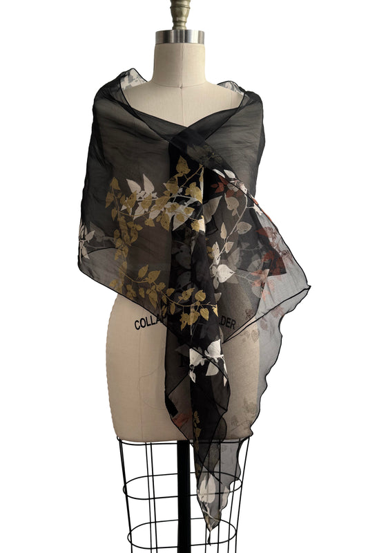 Shawl | Silk Organza | Vine Print | Metallic & Black