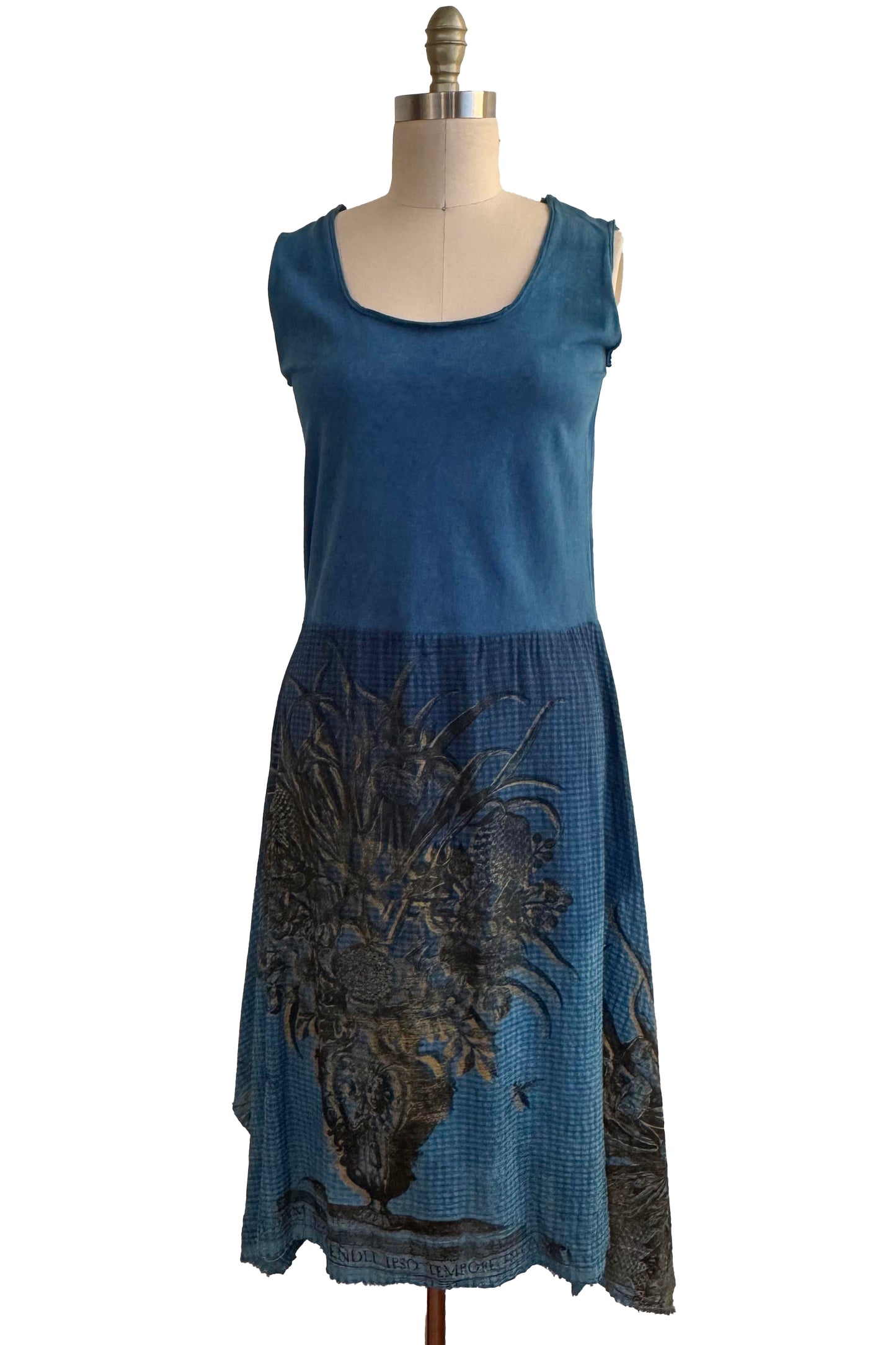 Montmartre Dress | Seersucker Cotton & Organic Cotton Jersey | Bouquet Print | Indigo, Black & Gold | Small