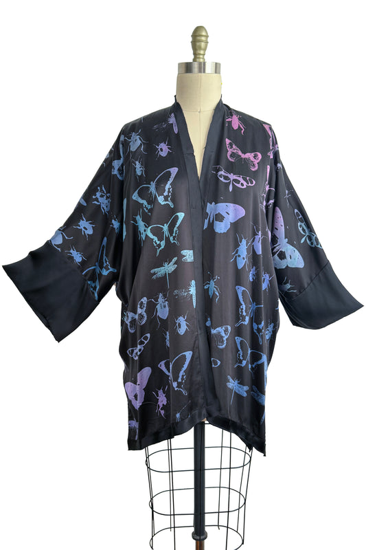 Lucianne Kimono | Silk Charmeuse | Bug Print | Black, Pink & Purple