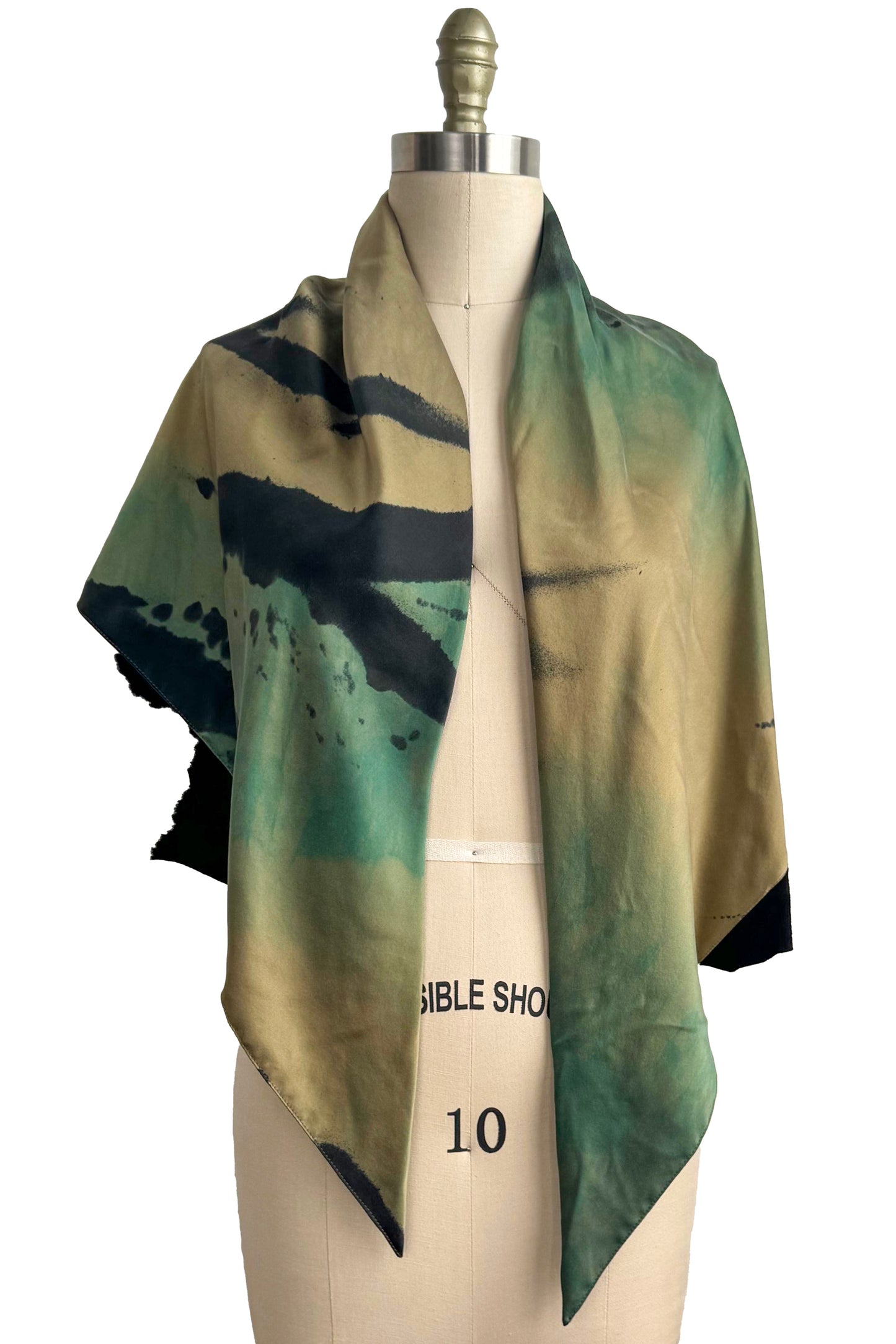 Triangle Shawl w/ Leather Trim | Silk Charmeuse | Green, Chartreuse & Black