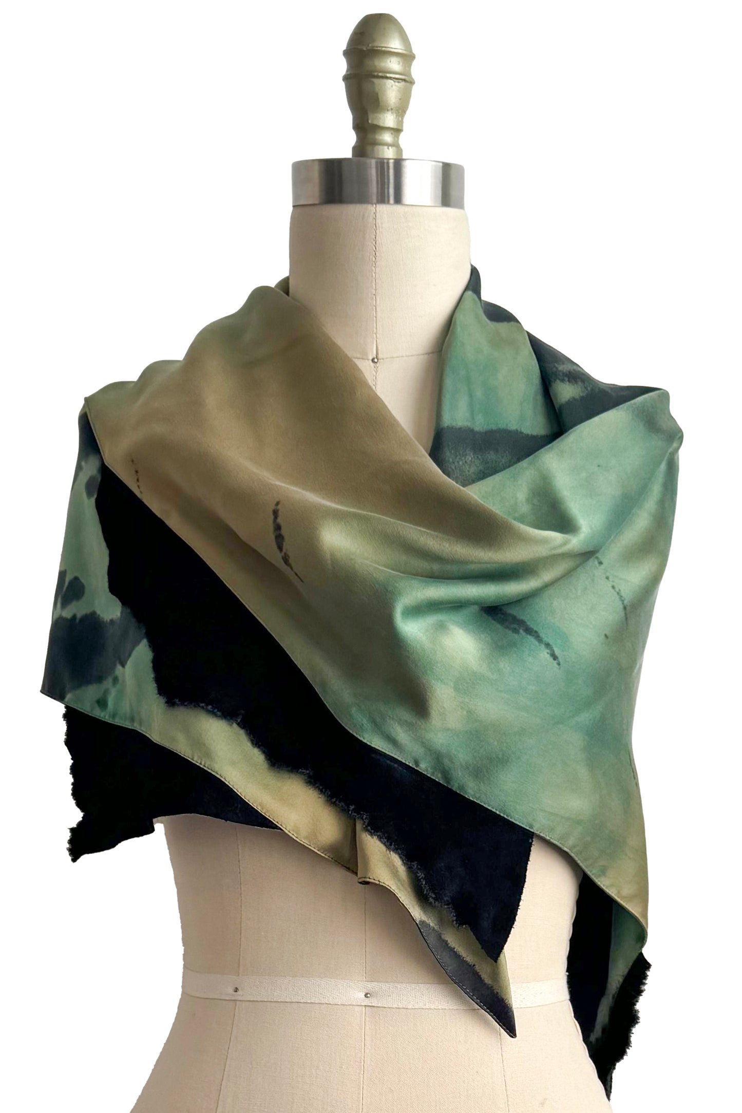 Triangle Shawl w/ Leather Trim | Silk Charmeuse | Green, Chartreuse & Black