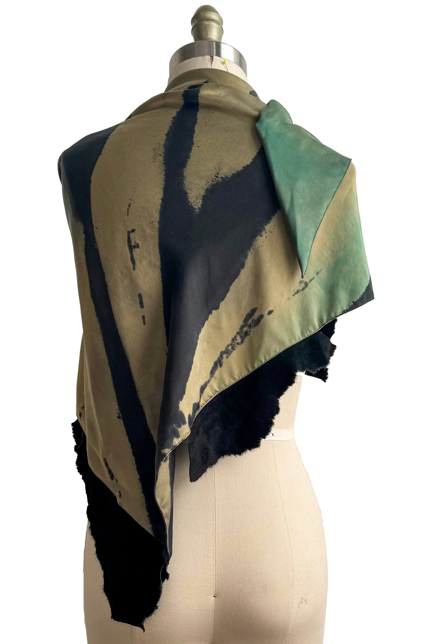 Triangle Shawl w/ Leather Trim | Silk Charmeuse | Green, Chartreuse & Black