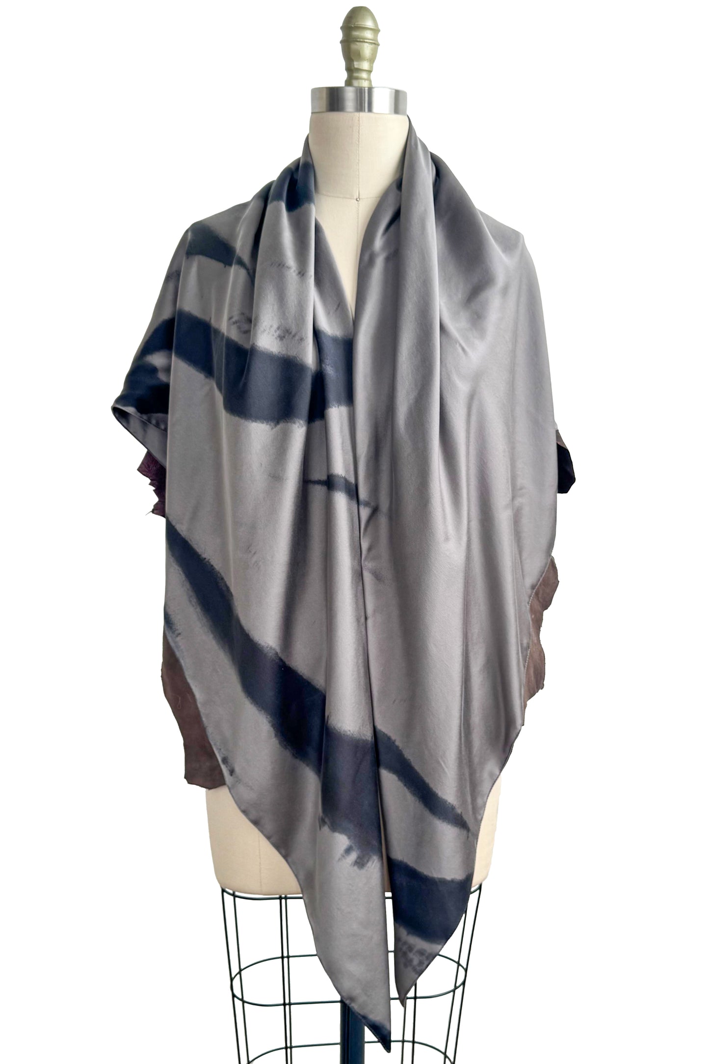 Triangle Shawl w/ Leather Trim | Silk Charmeuse |  Silver & Eggplant