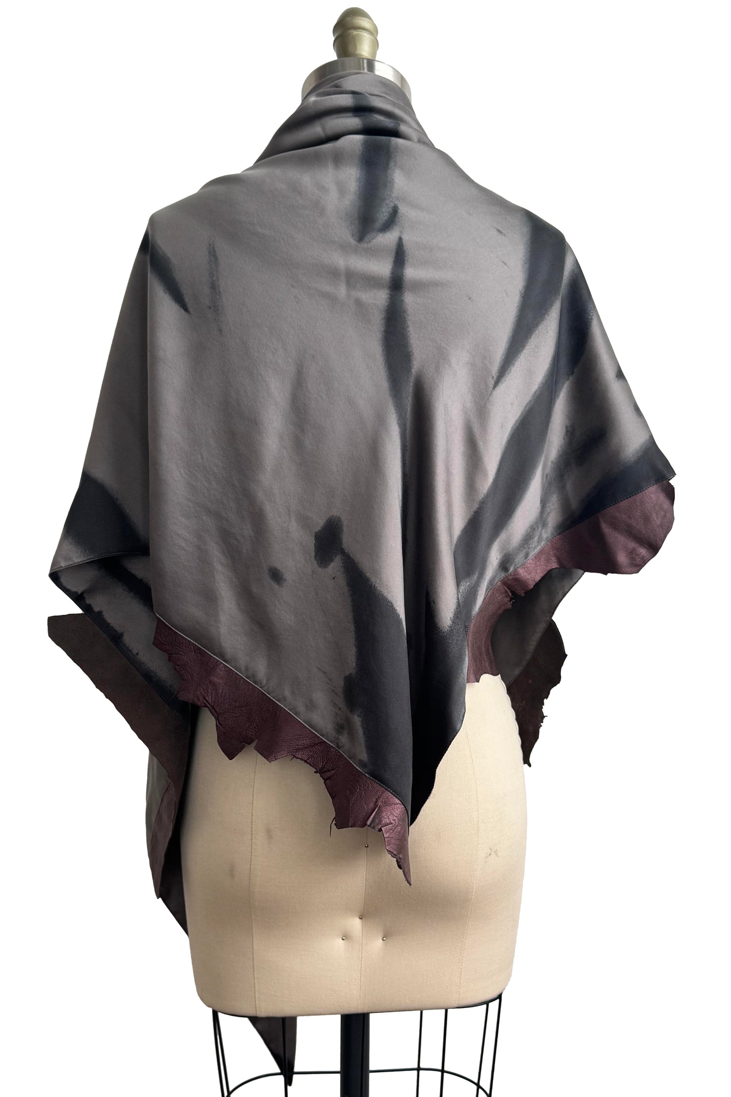 Triangle Shawl w/ Leather Trim | Silk Charmeuse |  Silver & Eggplant