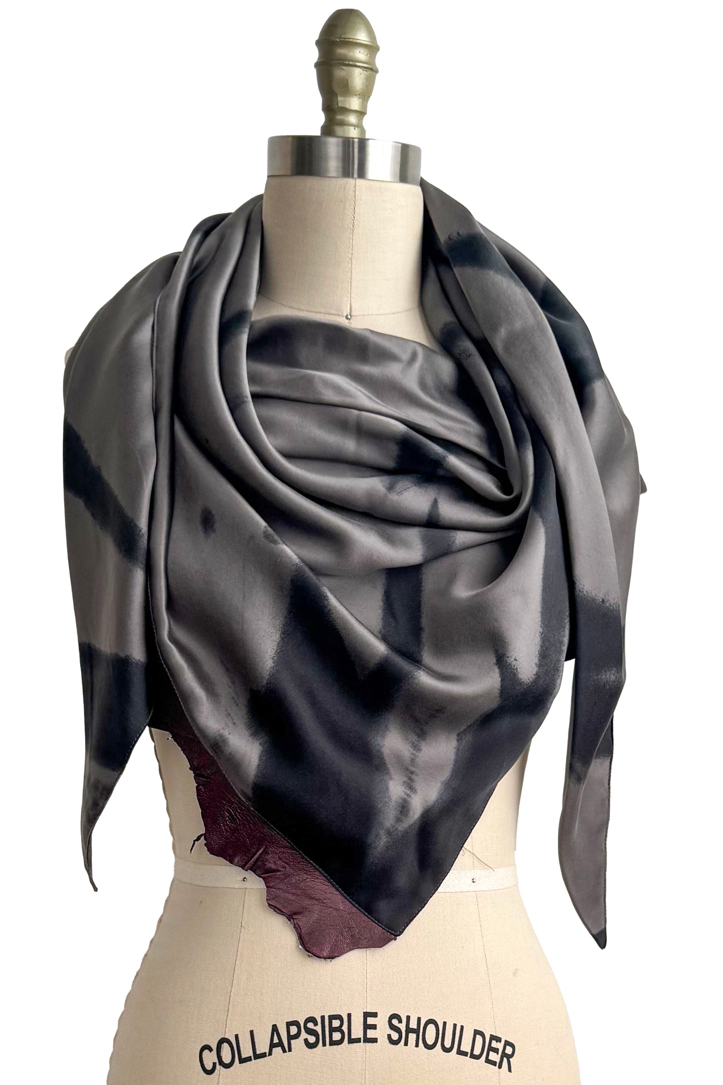 Triangle Shawl w/ Leather Trim | Silk Charmeuse |  Silver & Eggplant