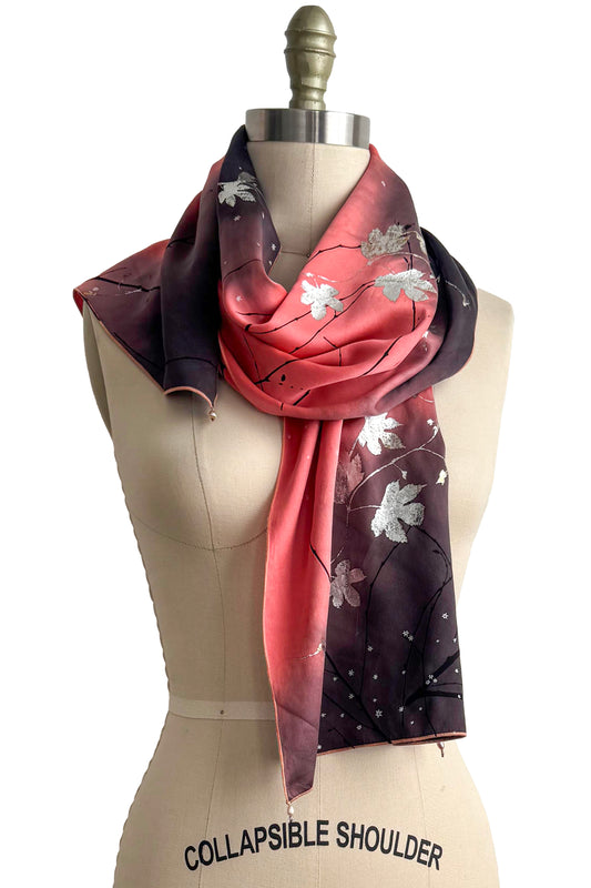 Scarf | Silk Charmeuse | Foil Hops Vine & Branch Print | Coral Pink & Grey